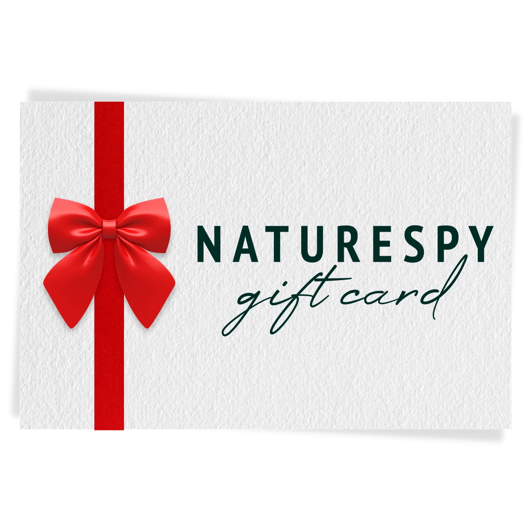 A gift card with a red bow and NatureSpy gift card written on it. 